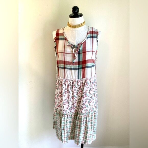True Craft Sleeveless Midi Dress 0X Plaid & Floral Design With Frayed Edges - Picture 2 of 7